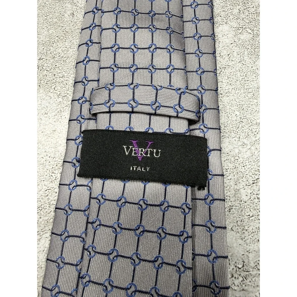 Vertu Silk Tie Mens One Size Gray Geometric‎ Pointed Made In Italy Necktie